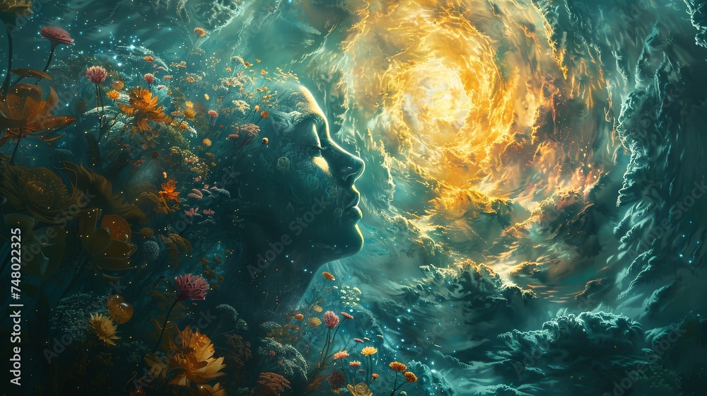 Surreal digital art merging a woman's silhouette with vibrant floral elements and a cosmic energy swirl in a dynamic, natural scene. psychedelic therapy. - obrazy, fototapety, plakaty 