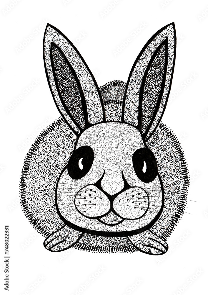 Illustration of a rabbit. Stylization. Black outline and texture in black dots of different tones. Different shades of gray. Big black eyes. Rabbit looks into the facade. Isolated on white background. Illustration of a rabbit. Stylization. Black outline and texture in black dots of different tones. Different shades of gray. Big black eyes. Rabbit looks into the facade. Isolated on white background.
