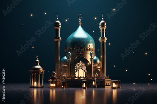 Muslim Holiday with Dark Night Arabian Cityscape, Mosque - Minarets and domes at night, Creative Design Vector Format crescent blue moons realistic Eid Mubarak Generative Ai © AbdullahAl