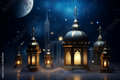 Set of glowing oriental lamps on the background with highlights. 3D vector. High detailed realistic illustration islamic Lentern on dark, beutiful lighting 3d rendering illustration, eid Generative Ai © AbdullahAl
