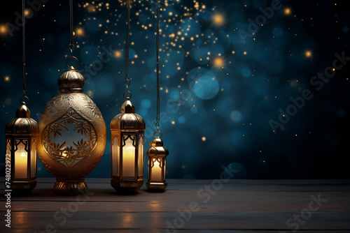 Set of glowing oriental lamps on the background with highlights. 3D vector. High detailed realistic illustration islamic Lentern on dark, beutiful lighting 3d rendering illustration, eid Generative Ai photo