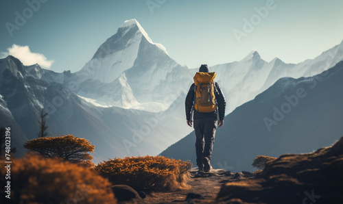 Male hiker traveling, walking alone in Himalayas under sunset light, man traveler enjoys with backpack hiking in mountains. Travel, adventure, relax, recharge concept.
