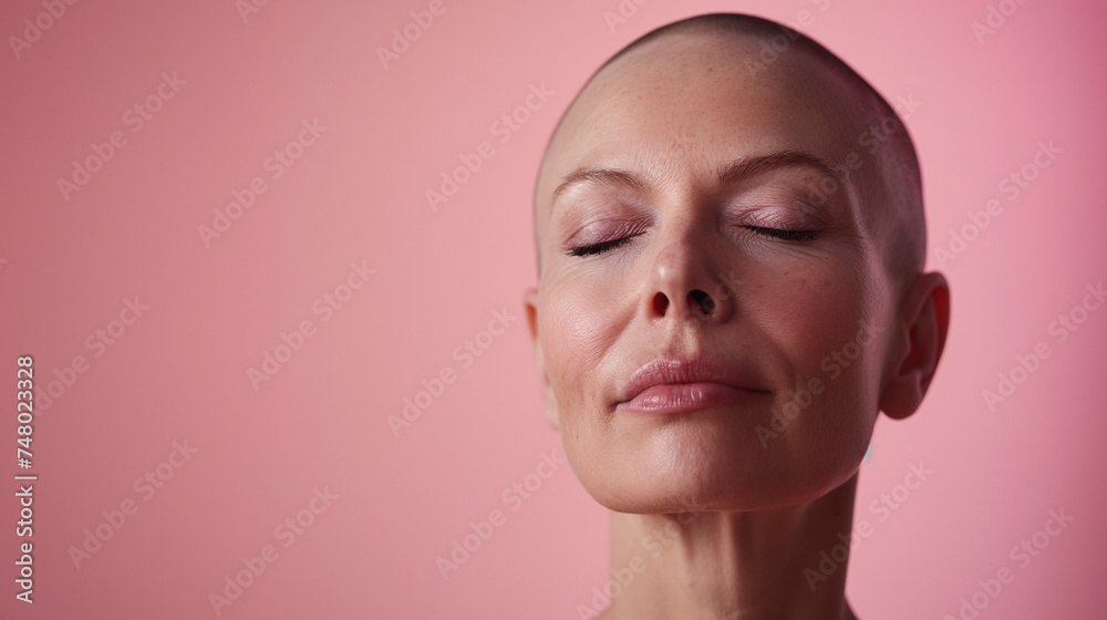 Retrato de Mujer Calva con ojos cerrados y expresión serena sobre fondo rosa. - obrazy, fototapety, plakaty 