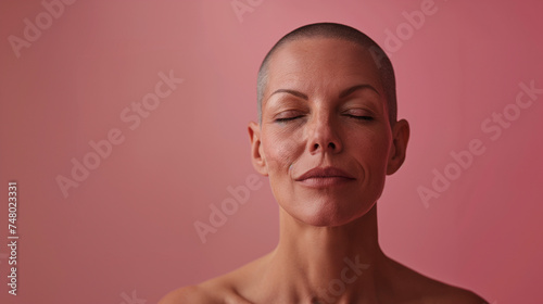 Retrato de Mujer Calva con ojos cerrados y expresión serena sobre fondo rosa.