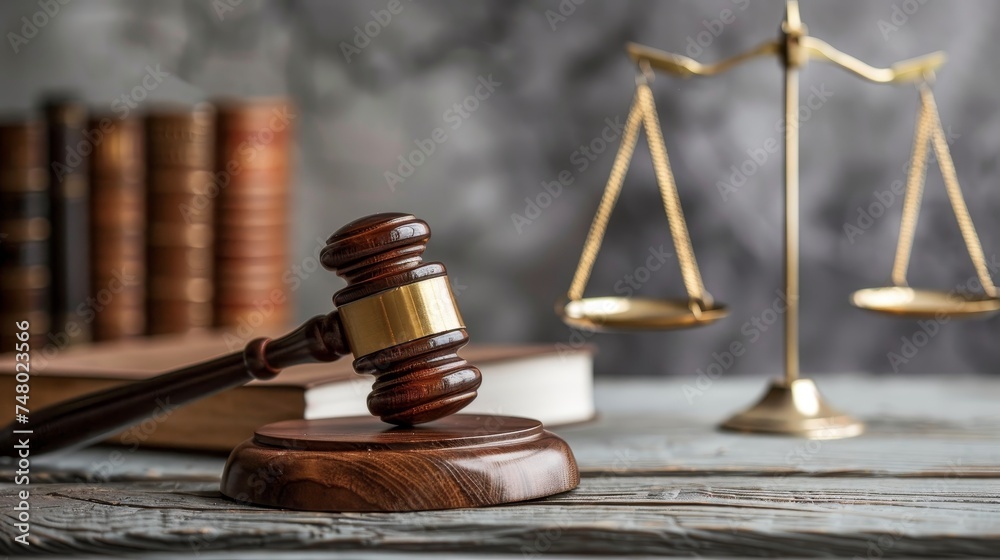Symbol of Justice: Judge's Gavel Rests on Book on Wooden Table, Balanced Asymmetry Style