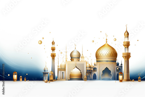 Eid Al Fitr Background. Islamic Arabic lanterns. Translation Eid Al Fitr. Greeting card. Ramadan Kareem greeting background mosque watercolor illustration with arabic town. Generative Ai photo