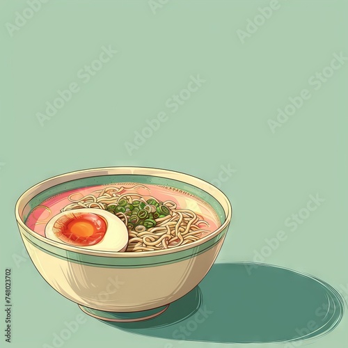 Ramen with egg noodles. In a deep bowl, ramenya with vegetables and a boiled egg and yolk. Concept: food Instant soup. Balanced snack, copy space banner photo