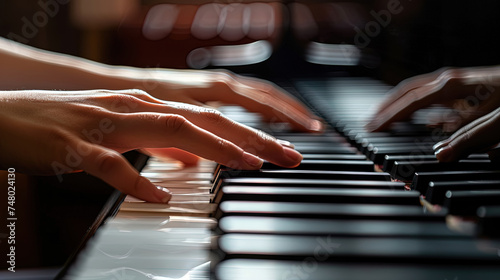A close-up view of a person intensely playing a piano, fingers striking keys with precision and passion