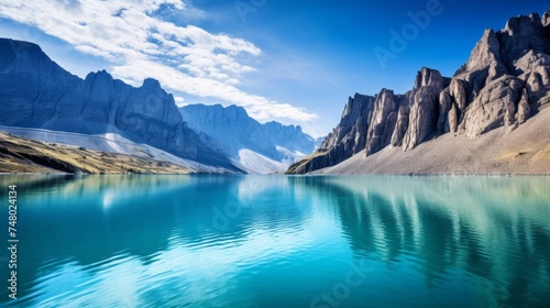 Serene lake with towering cliffs in the background