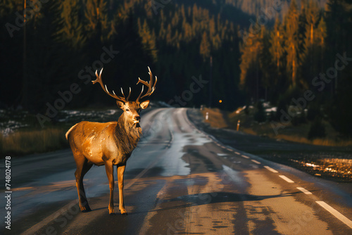 Deer standing on the road near the forest at night, in the background of the approaching car, wild animals on the roadway, the consequence of accidents at night