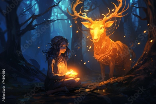 The young girl sitting on her magic stag with the glowing horns