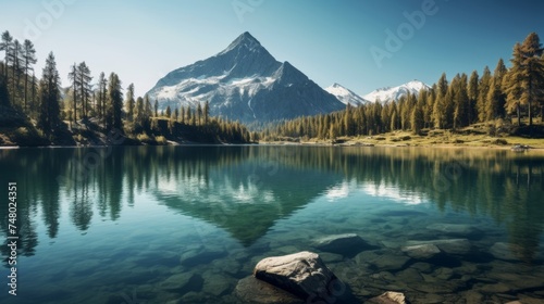 Pine trees reflecting on calm lake in mountains
