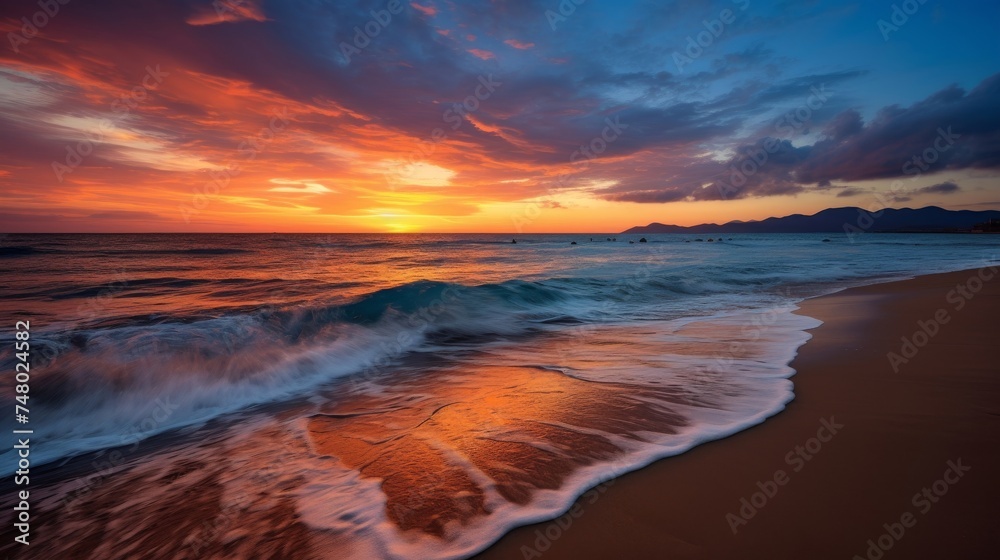 A vibrant coastal sunset over a sandy beach