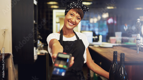 Charismatic smiling black business owner requesting payment