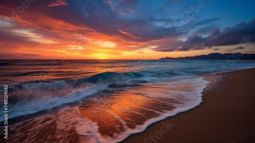 A vibrant coastal sunset over a sandy beach