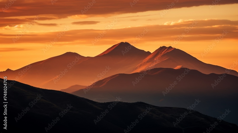Fiery sunset over a silhouetted mountain ridge
