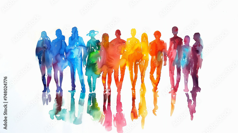 Abstract colorful art watercolor painting group of people standing next to each other