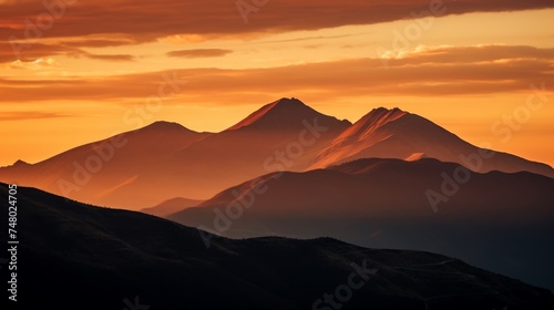 Fiery sunset over a silhouetted mountain ridge © stocksbyrs
