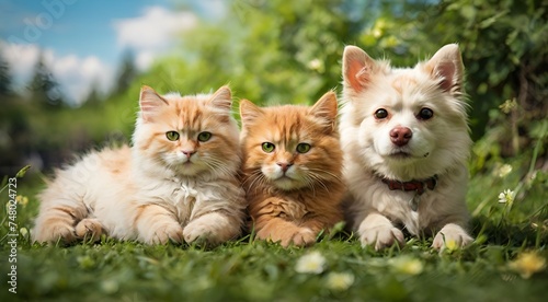 Two cat and a dog sitting in the grass facing the camera, Pet posing in green grass, Cute domestic animals In green Grass Background, AI generated © Hasan