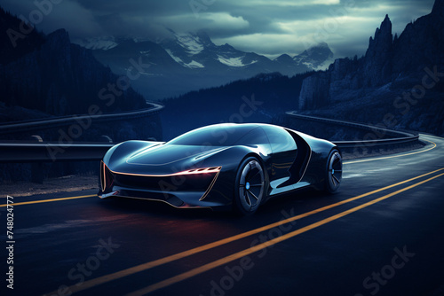 a black sports car on a road with mountains in the background