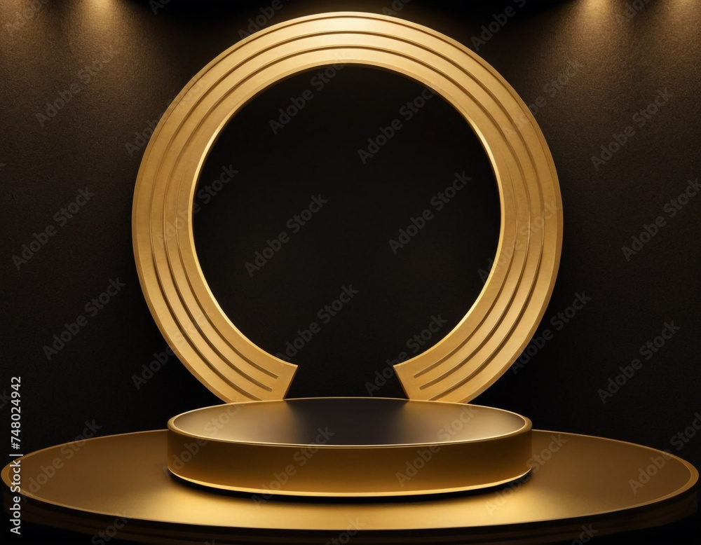 Empty gold podium with line gold neon ring on background. 3d render Generative AI
