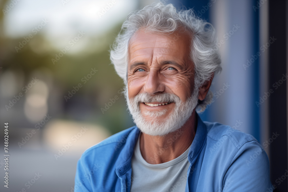 Cheerful Elderly Gentleman: Radiant Smile and Casual Elegance in Daylight Cheerful Elderly Gentleman: Radiant Smile and Casual Elegance in Daylight