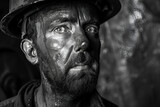 a portrait of a digger, miner, shakhtar in helmet with dirty face and sad look, difficult and dangerous work, risky, situations, places, threat to life, tired, Challenging, low-paying job