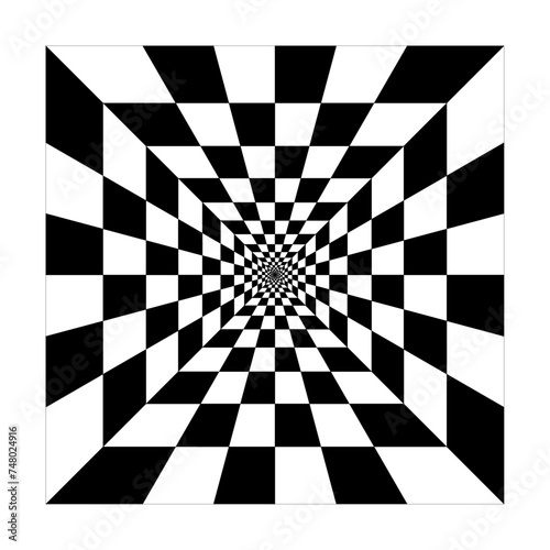 Perspective of black and white squares, the illusion of a tunnel. Abstract perspective geometric chess background vector.