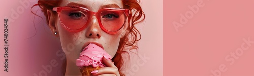 portrait of a strong and feminine red head young woman, early 30s, freckle, licking a huge ice cream cone, wearing neon goggles