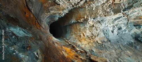 The image shows a cave with a perfectly circular hole in the middle, revealing a glimpse of the sky above. The caves walls are rough and mineral-rich, showcasing various hues and textures.