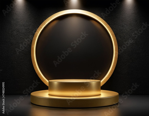 Empty gold podium with line gold neon ring on background. 3d render Generative AI