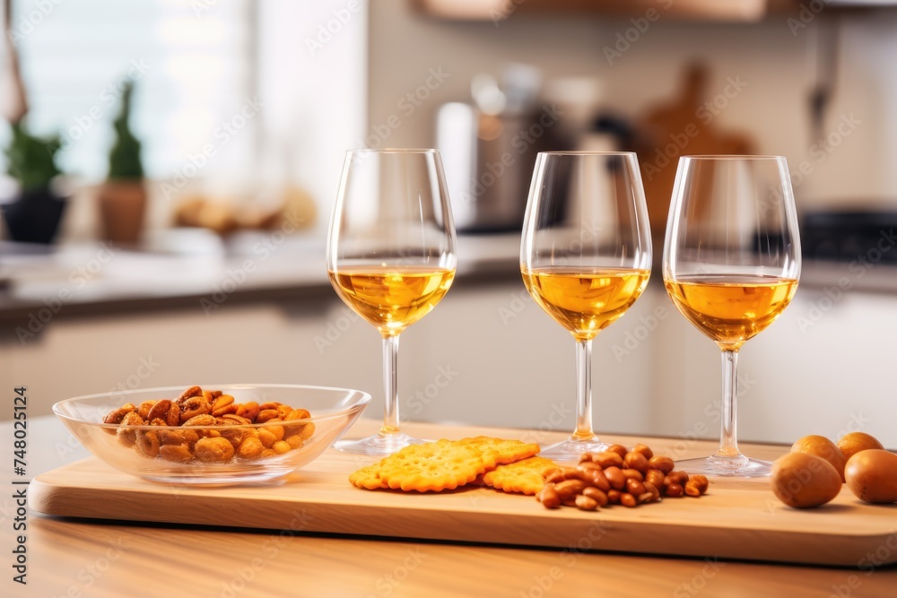 Casual wine tasting with amber wine, crackers, and nuts on a modern kitchen counter. Casual Wine and Snacks Setting