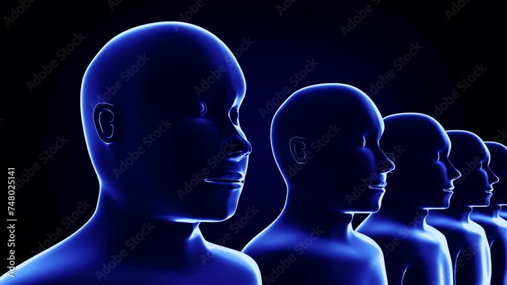 Many geometrical man heads in a row - 3D 4k animation (3840 x 2160 px) Many geometrical man heads in a row - 3D 4k animation (3840 x 2160 px)