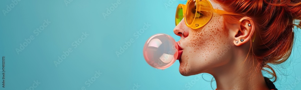 portrait of a strong and female red head young woman, early 30s, freckle, septum nose ring, blowing huge sticky bubble gum, wearing neon goggles - obrazy, fototapety, plakaty 