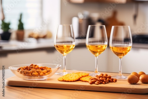 Casual wine tasting with amber wine, crackers, and nuts on a modern kitchen counter. Casual Wine and Snacks Setting