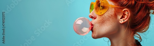 portrait of a strong and female red head young woman, early 30s, freckle, septum nose ring, blowing huge sticky bubble gum, wearing neon goggles
