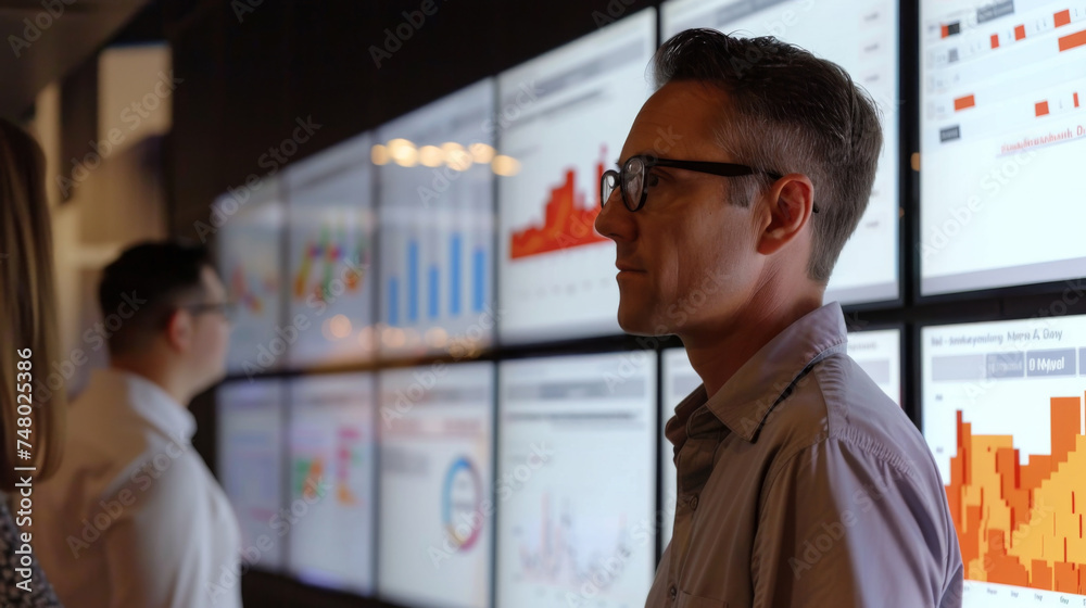People analyzing data on large screen monitors - Image of professionals ...
