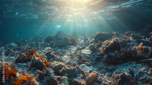 A problem of plastic pollution in the ocean - garbage floating on the sea surface - Underwater shine © Zaleman