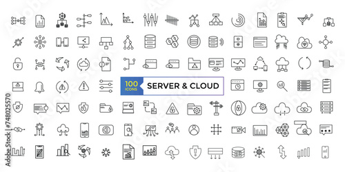 Collection of Server and Cloud Data related editable stroke icons, includes data storage, cloud storage data, technology services, server, Data thin line icons