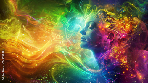 Psychedelic colors in dynamic human silhouette - This vivid, high impact image fuses a human silhouette with psychedelic colors, evoking creativity and the expansiveness of the mind