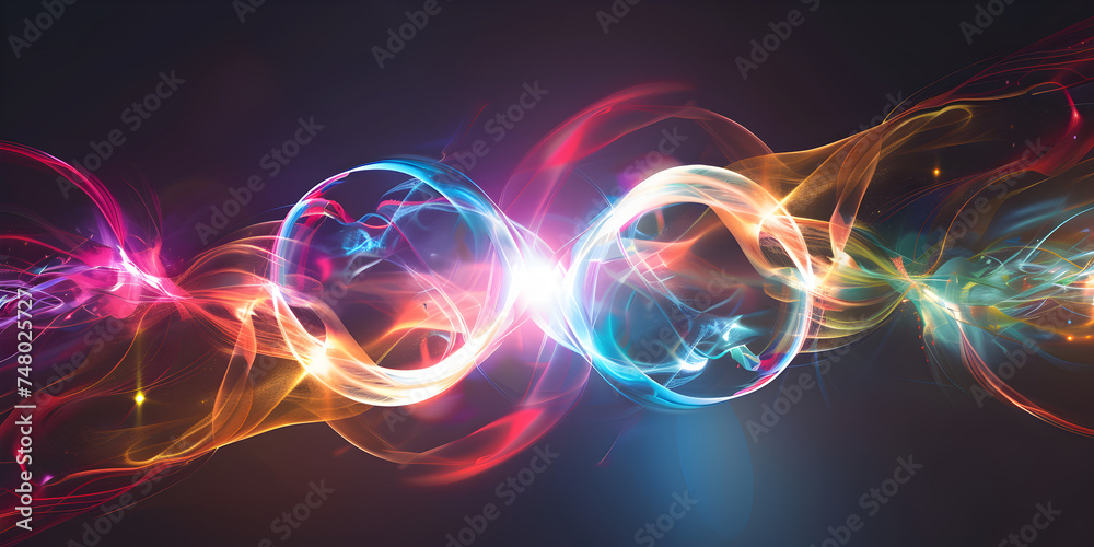 Quantum entanglement between two particles. | Abstract fractal light background. | Blurry Colorful Circles on Black Background Quantum entanglement between two particles. | Abstract fractal light background. | Blurry Colorful Circles on Black Background