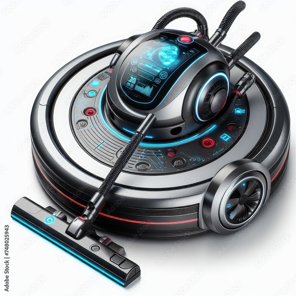 Robot vacuum cleaning floor isolated on a white background