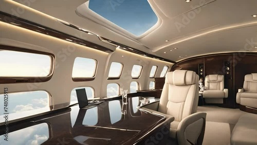 Amidst the luxury and exclusivity of a private jet, business flight, Interior of private luxury business aircraft arranged with several empty leather seats and couches, stock video, seamless loopig