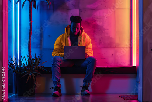 a person sitting in a co-working space and working on a laptop without a logo, neon
 photo