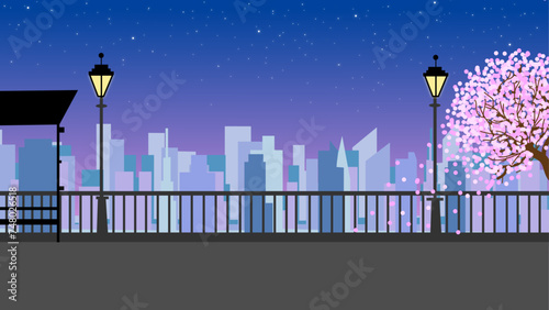 night city skyline with stars, cityscape , a wonderful view of a city from a bridge , a empty bus stand .