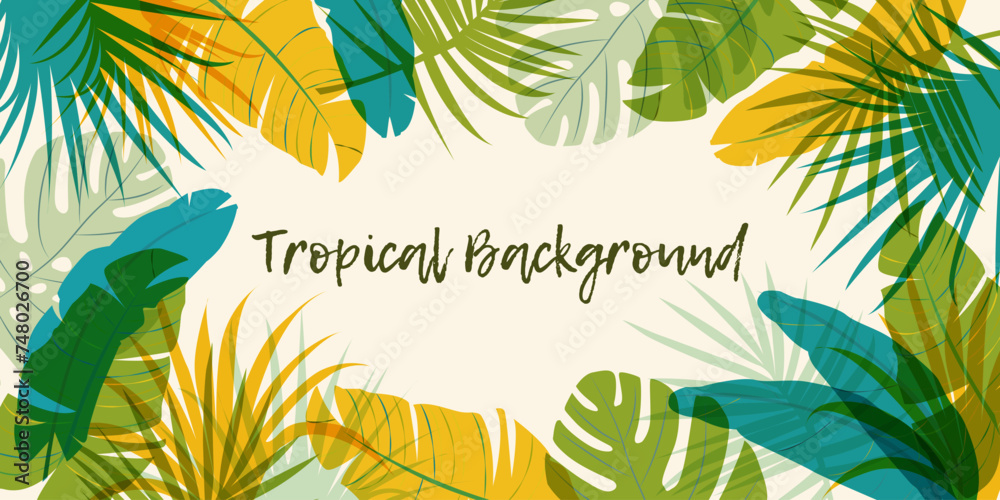 Tropical banner design with space for text. Botanical abstract contemporary art with exotic plants. Hand drawn unique illustration for poster, social media post flyer brochure banner or background.
