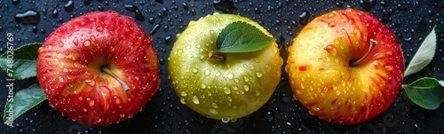 Three apples with water droplets on a black background