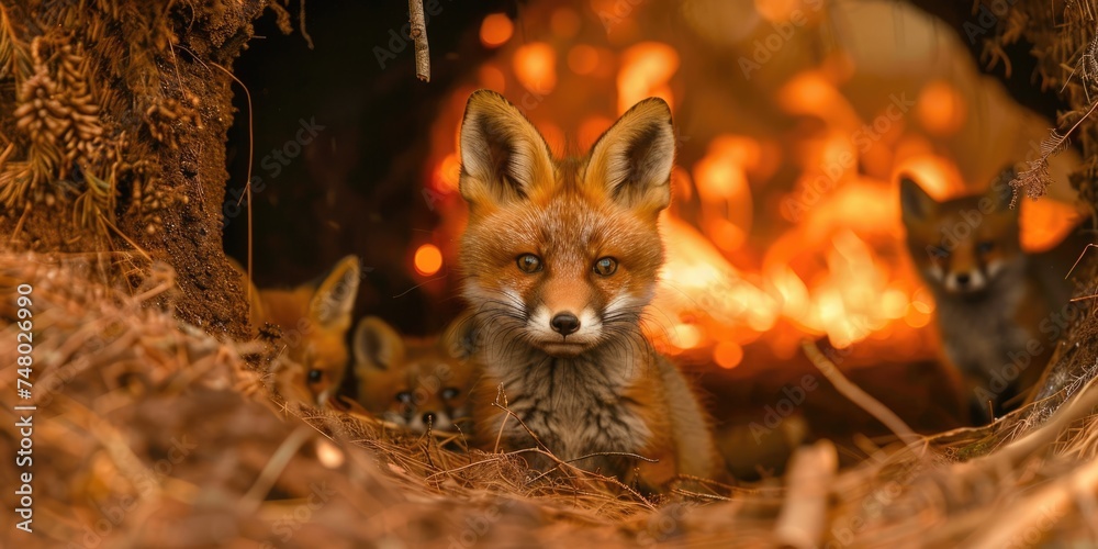Naklejka premium International Firefighters Day, a family of foxes peeping out of a hole against the background of a burning forest, forest fires, rescue of wild animals, destruction of forests, environmental disaster