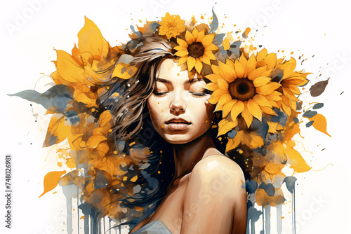a woman with sunflowers in her hair