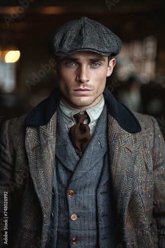 Obraz na płótnie A man wearing a flat cap, tie, vest, and tweed jacket w salonie